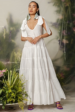 White Cotton Long Tiered Dress by THE IASO