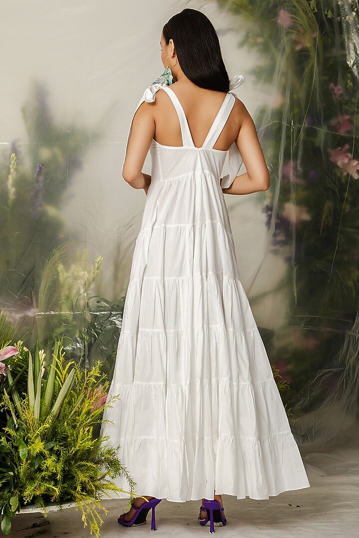 White Cotton Long Tiered Vacation Dress by THE IASO at Pernia's Pop Up Shop