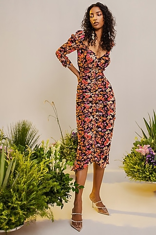 Black Viscose & Lurex Printed Midi Dress by THE IASO