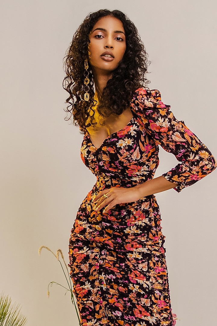 Black Viscose & Lurex Printed Midi Vacation Dress by THE IASO at Pernia's Pop Up Shop