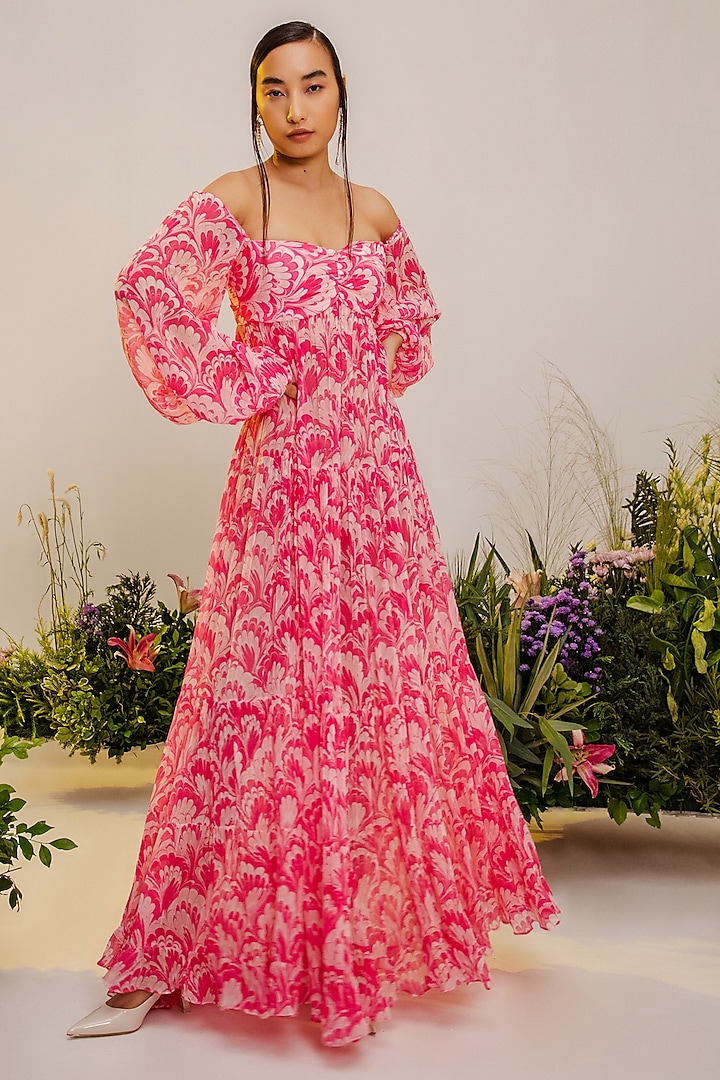 Pink Viscose printed Off-Shoulder Dress by THE IASO