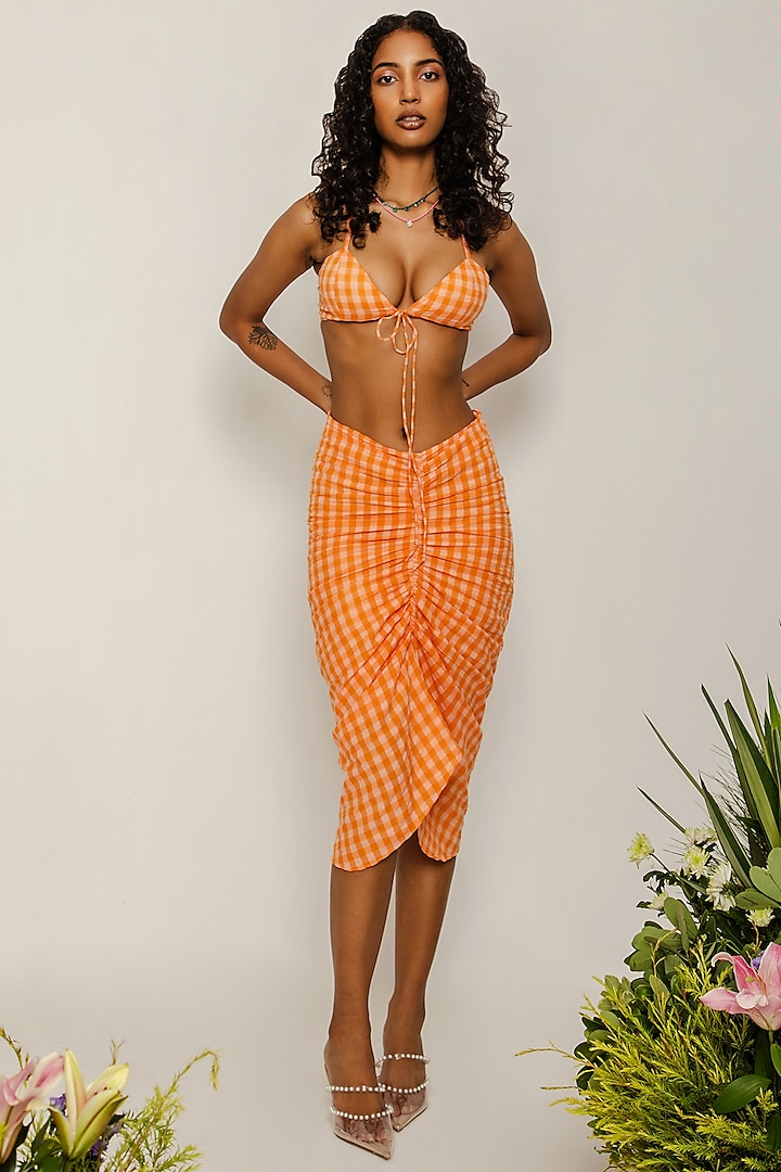 Orange Cotton Ruched Skirt Set by THE IASO