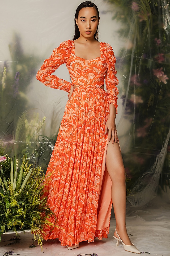 Orange Viscose Printed Long Tiered Dress by THE IASO