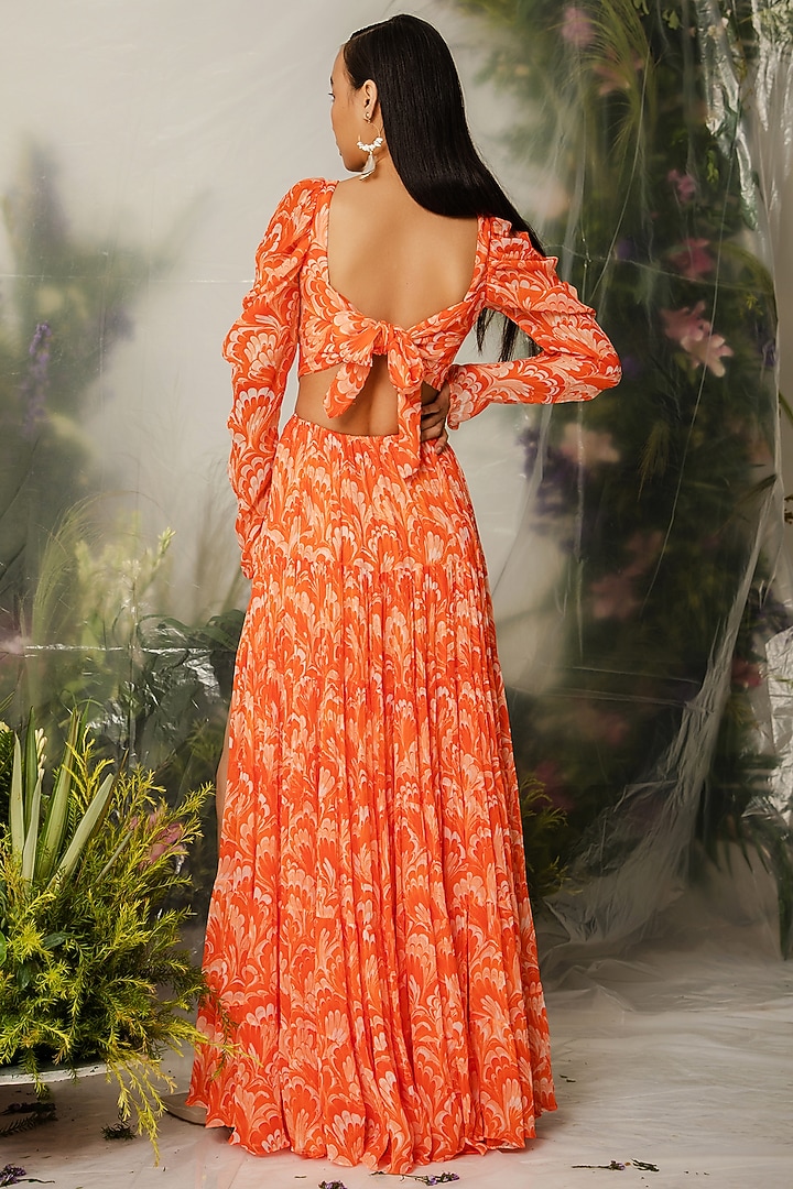 Orange Viscose Printed Long Tiered Vacation Dress by THE IASO at Pernia's Pop Up Shop