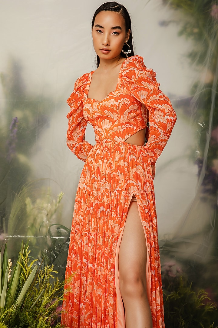Orange Viscose Printed Long Tiered Vacation Dress by THE IASO at Pernia's Pop Up Shop
