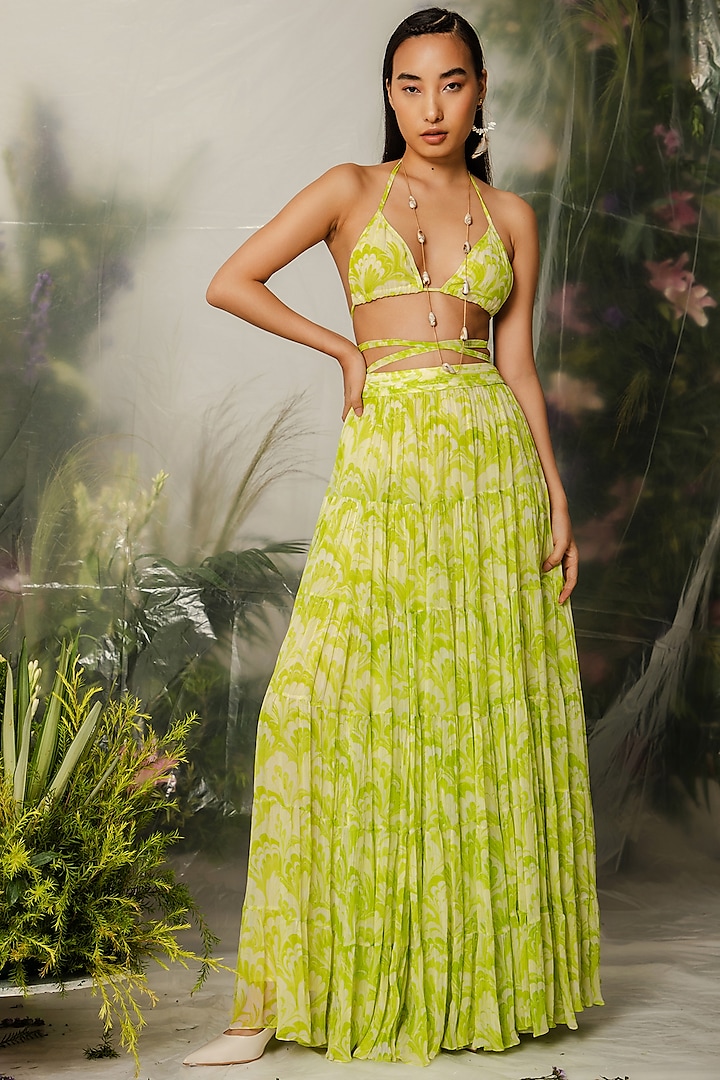 Green Viscose Tiered Skirt Set by THE IASO