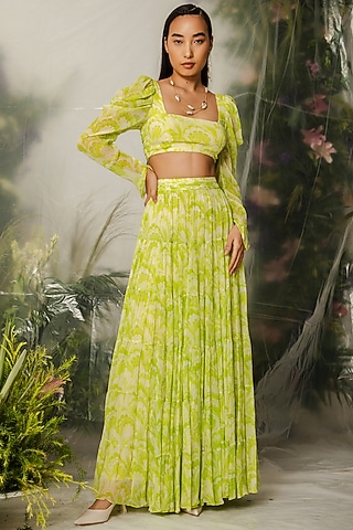 Green Viscose Tiered Skirt Set by THE IASO