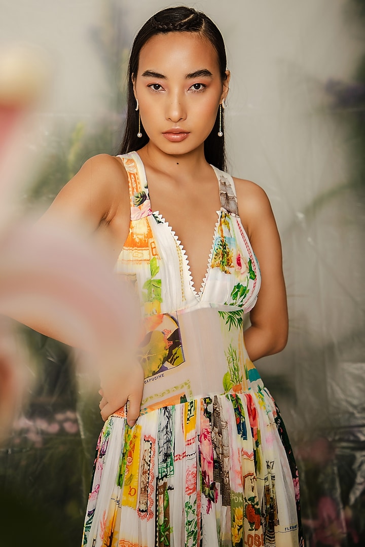 Multi-Colored Viscose Printed Gathered Midi Vacation Dress by THE IASO at Pernia's Pop Up Shop