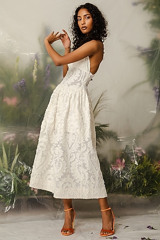 Off-White Cotton Jacquard Gathered Midi Dress by THE IASO