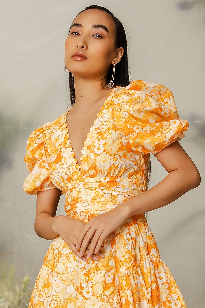 Orange Cotton Poplin Printed Tiered Short Vacation Dress by THE IASO at Pernia's Pop Up Shop