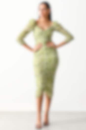 Green Viscose & Lurex Printed Ruched Midi Vacation Dress by THE IASO at Pernia's Pop Up Shop