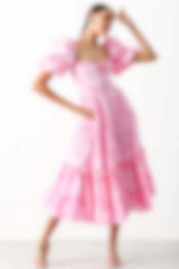Bubblegum Pink Cotton Poplin Printed Midi Dress by THE IASO