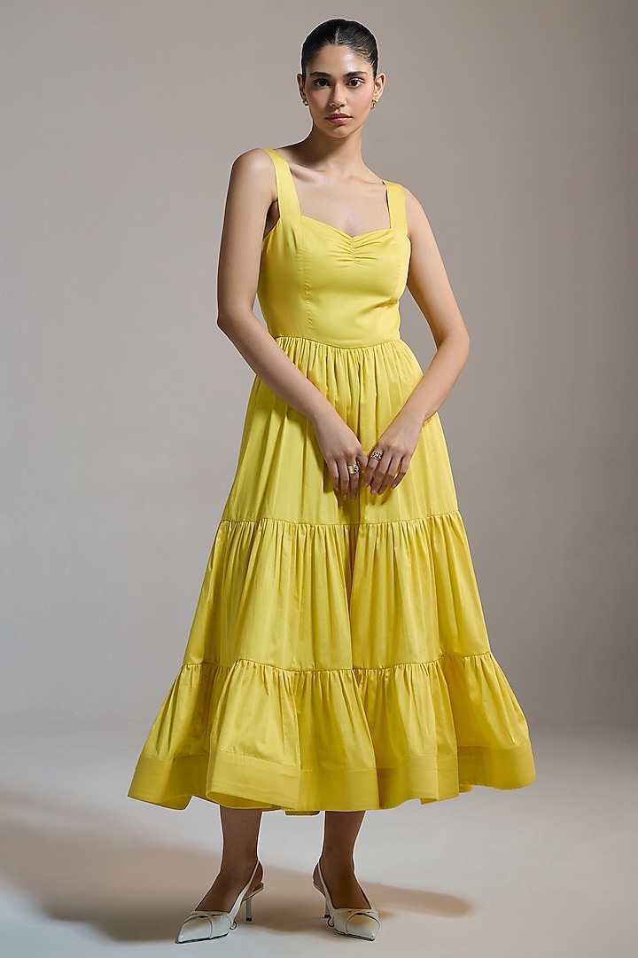Yellow Italian Cotton Satin & Cotton Midi Vacation Dress by THE IASO at Pernia's Pop Up Shop