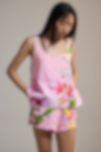 Pink Cotton Satin & Cotton Floral Printed Tank Top by THE IASO at Pernia's Pop Up Shop