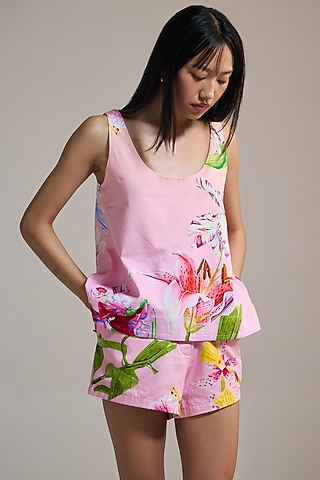 Pink Cotton Satin & Cotton Floral Printed Tank Top by THE IASO