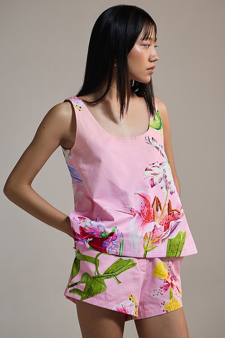 Pink Cotton Satin & Cotton Floral Printed Tank Top by THE IASO at Pernia's Pop Up Shop