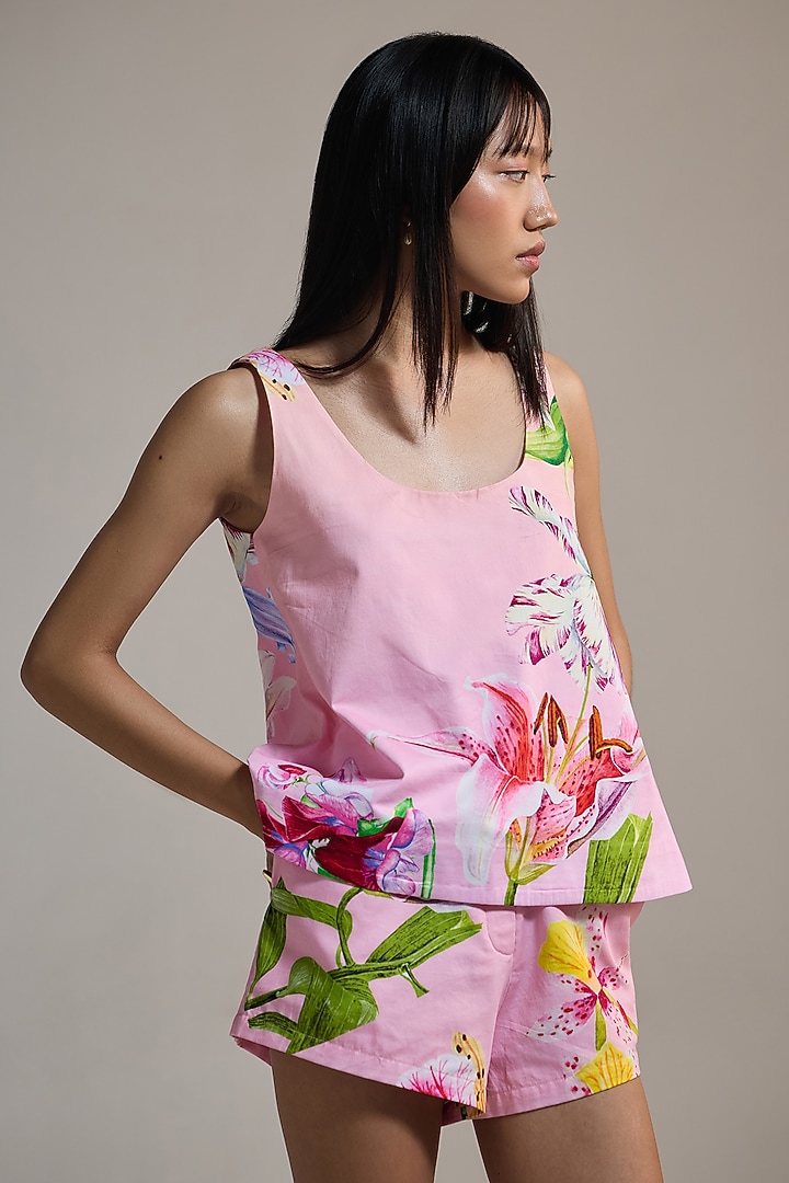 Pink Cotton Satin & Cotton Floral Printed Shorts by THE IASO at Pernia's Pop Up Shop