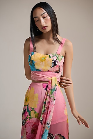 Rosy Pink Crinkle Chiffon & Viscose Floral Printed Bustier by THE IASO