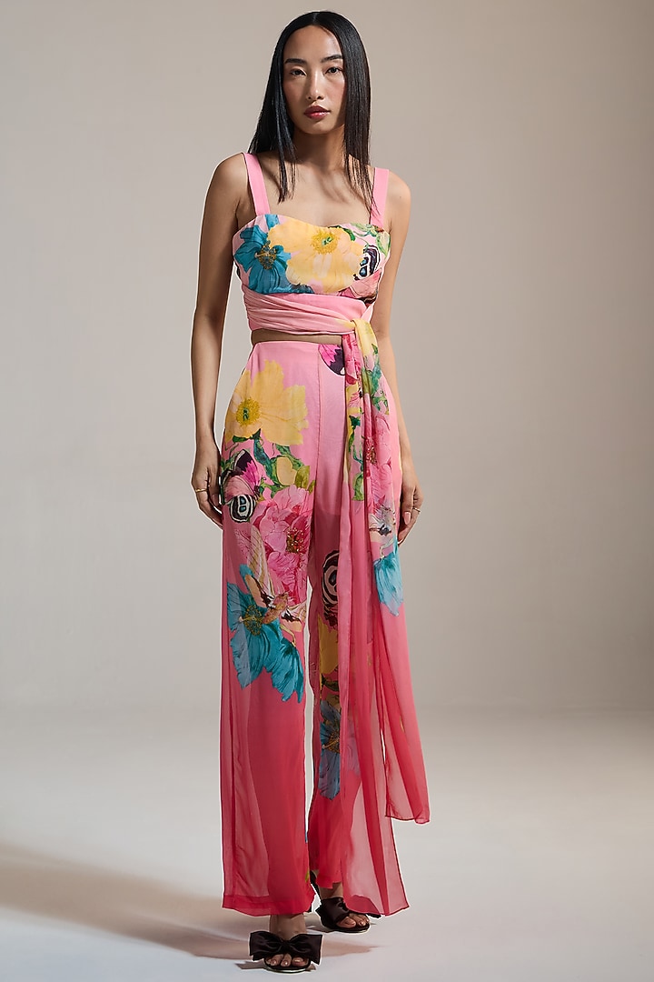Rosy Pink Crinkle Chiffon & Viscose Floral Printed Pant by THE IASO at Pernia's Pop Up Shop
