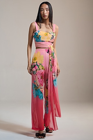 Rosy Pink Crinkle Chiffon & Viscose Floral Printed Pant by THE IASO