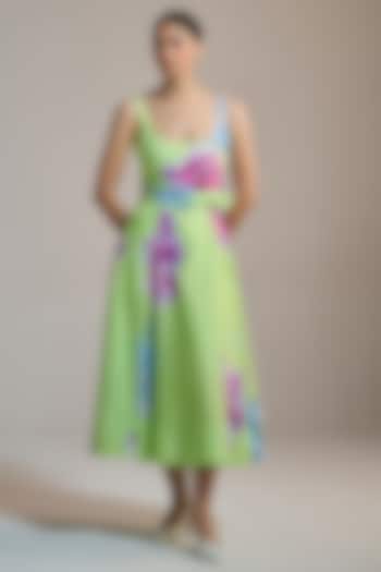 Lime Green Linen & Cotton Floral Printed Vacation Dress by THE IASO at Pernia's Pop Up Shop