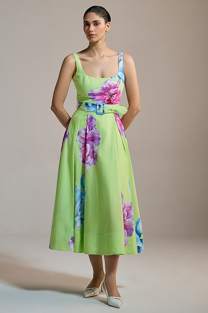 Lime Green Linen & Cotton Floral Printed Vacation Dress by THE IASO at Pernia's Pop Up Shop