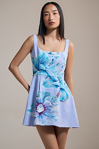 Lavender Self Cotton Jacquard & Viscose Floral Printed Mini Dress by THE IASO