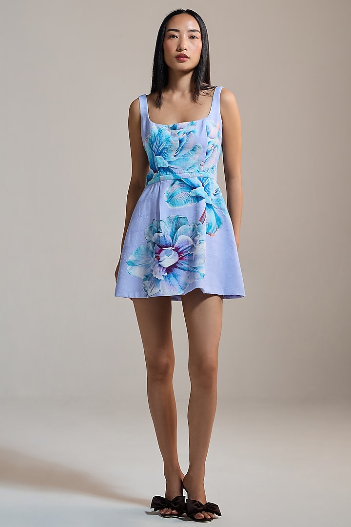 Lavender Self Cotton Jacquard & Viscose Floral Printed Mini Summer Dress by THE IASO at Pernia's Pop Up Shop