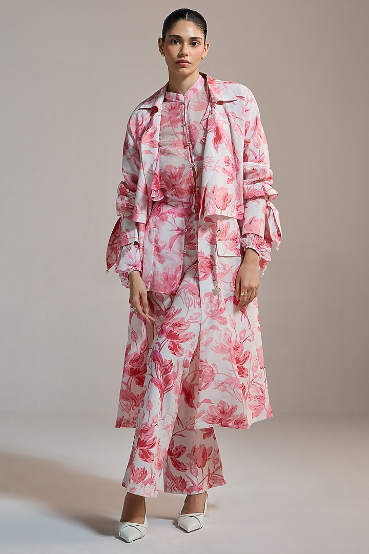 Soft White Soft Texture & Viscose Floral Printed Jacket by THE IASO at Pernia's Pop Up Shop