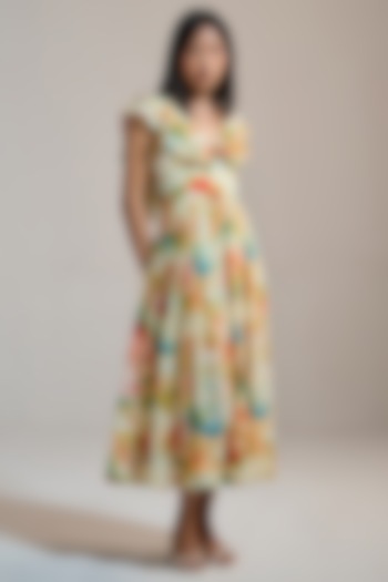Butter Yellow Soft Texture & Viscose Floral Printed Midi Vacation Dress by THE IASO at Pernia's Pop Up Shop