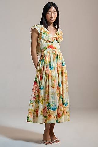 Butter Yellow Soft Texture & Viscose Floral Printed Midi Dress by THE IASO