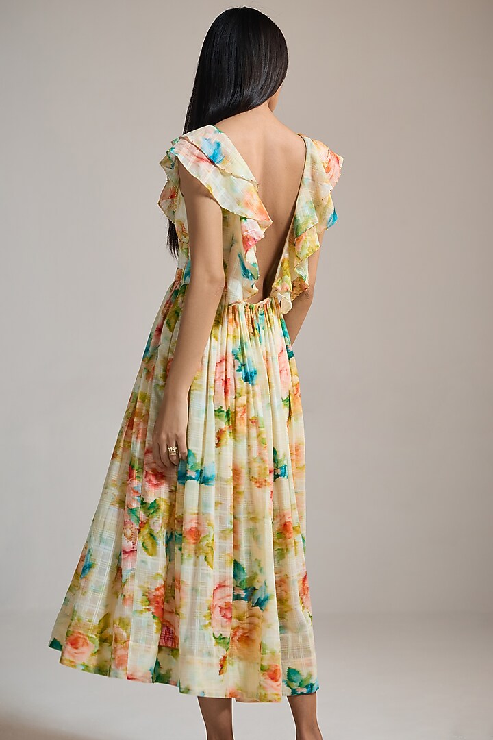 Butter Yellow Soft Texture & Viscose Floral Printed Midi Vacation Dress by THE IASO at Pernia's Pop Up Shop