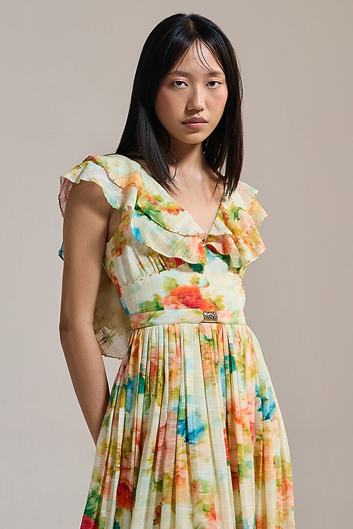 Butter Yellow Soft Texture & Viscose Floral Printed Midi Vacation Dress by THE IASO at Pernia's Pop Up Shop