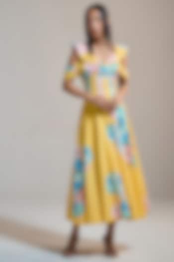 Yellow Slub & Viscose Floral Printed Off-Shoulder Midi Vacation Dress by THE IASO at Pernia's Pop Up Shop