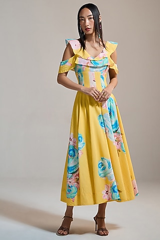 Yellow Slub & Viscose Floral Printed Off-Shoulder Midi Dress by THE IASO
