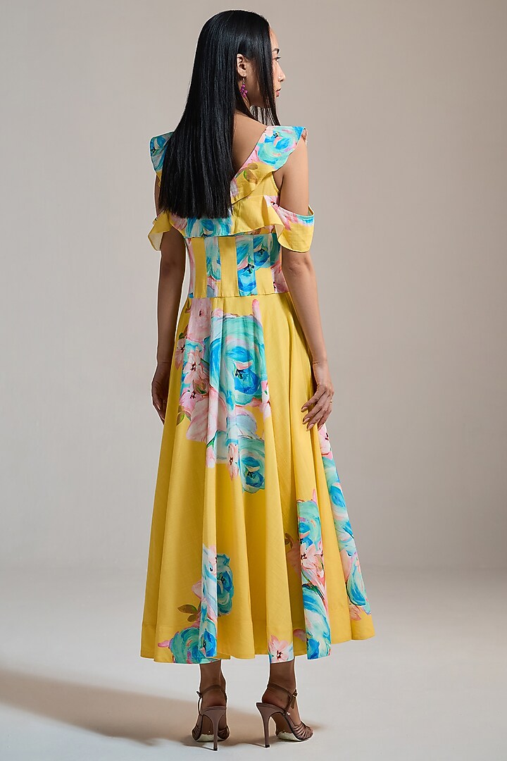 Yellow Slub & Viscose Floral Printed Off-Shoulder Midi Vacation Dress by THE IASO at Pernia's Pop Up Shop