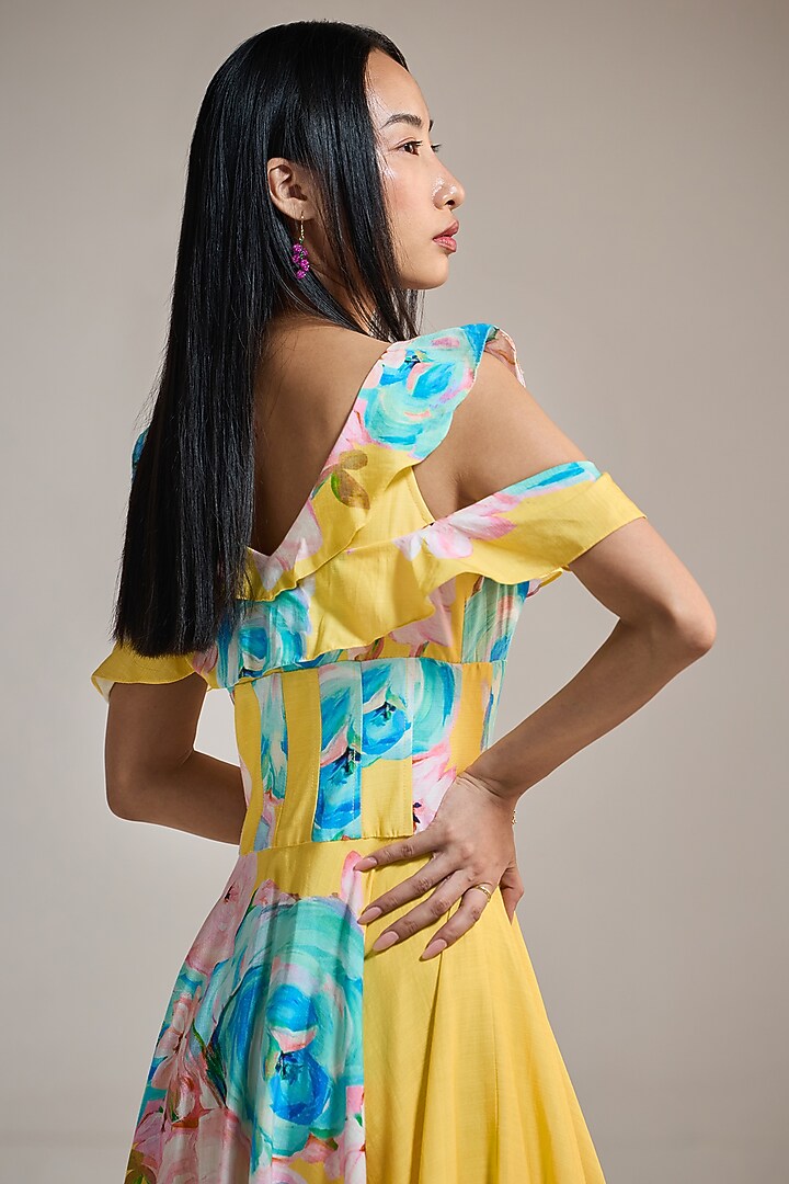 Yellow Slub & Viscose Floral Printed Off-Shoulder Midi Vacation Dress by THE IASO at Pernia's Pop Up Shop