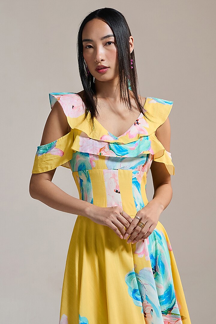 Yellow Slub & Viscose Floral Printed Off-Shoulder Midi Vacation Dress by THE IASO at Pernia's Pop Up Shop