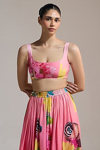 Pink Silk Chanderi & Silk Floral Printed Crop Top by THE IASO