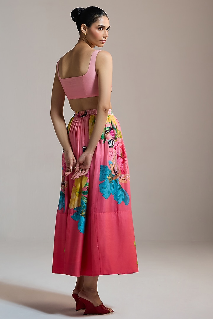 Pink Silk Chanderi & Silk Floral Printed Crop Top by THE IASO at Pernia's Pop Up Shop