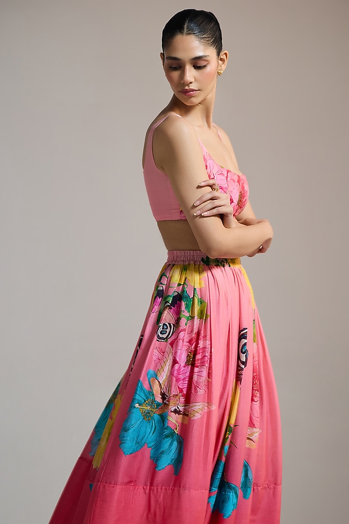 Pink Silk Chanderi & Silk Floral Printed Crop Top by THE IASO at Pernia's Pop Up Shop