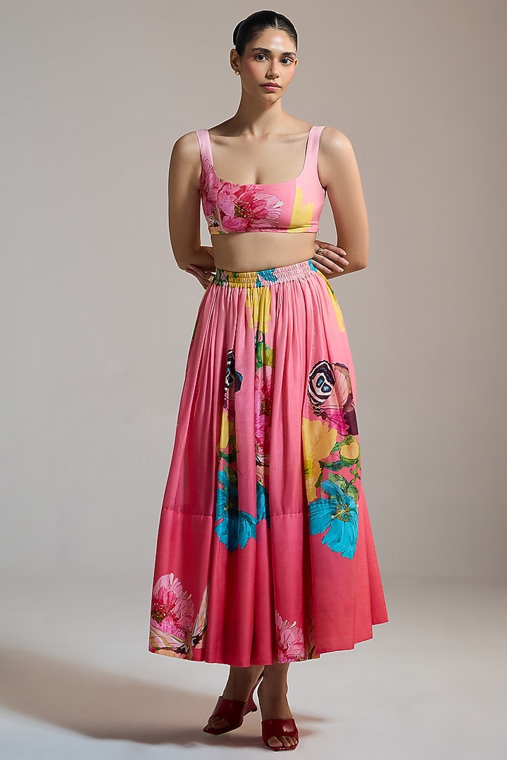 Pink Silk Chanderi & Silk Floral Printed Crop Top by THE IASO at Pernia's Pop Up Shop