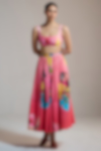 Pink Silk Chanderi & Silk Floral Printed Maxi Skirt by THE IASO at Pernia's Pop Up Shop