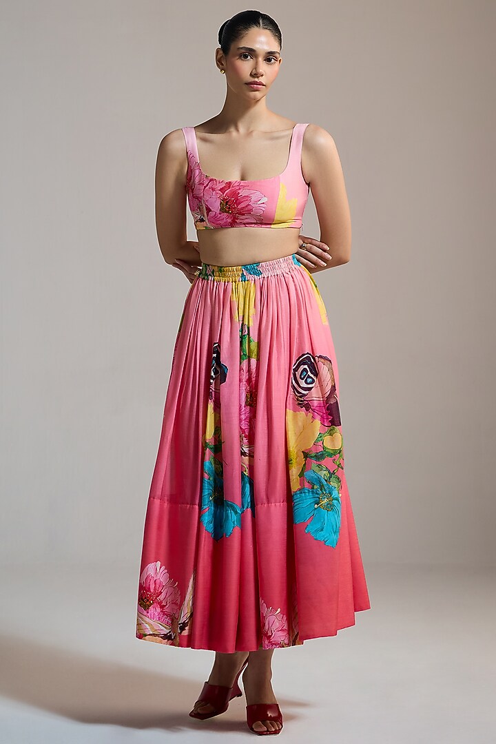 Pink Silk Chanderi & Silk Floral Printed Maxi Skirt by THE IASO at Pernia's Pop Up Shop