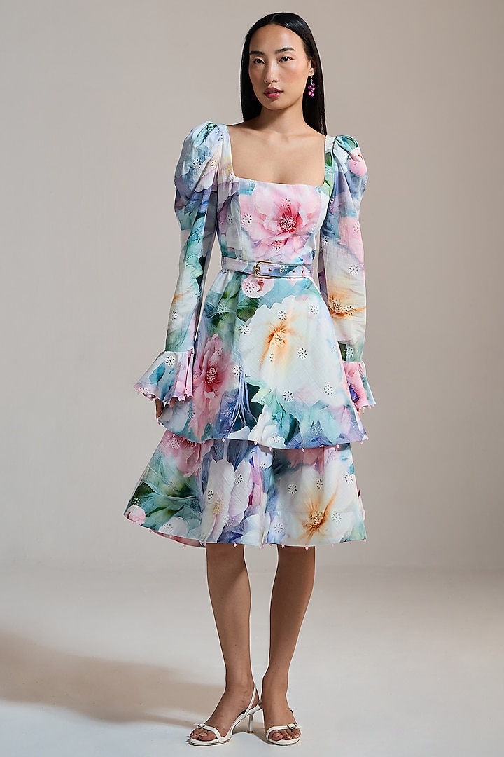 Multi-Colored Slub Textured Schiffli & Viscose Floral Printed Midi Vacation Dress by THE IASO at Pernia's Pop Up Shop