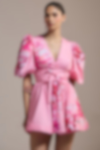 Pink Italian Cotton Satin & Satin Floral Printed Mini Wrap Vacation Dress by THE IASO at Pernia's Pop Up Shop