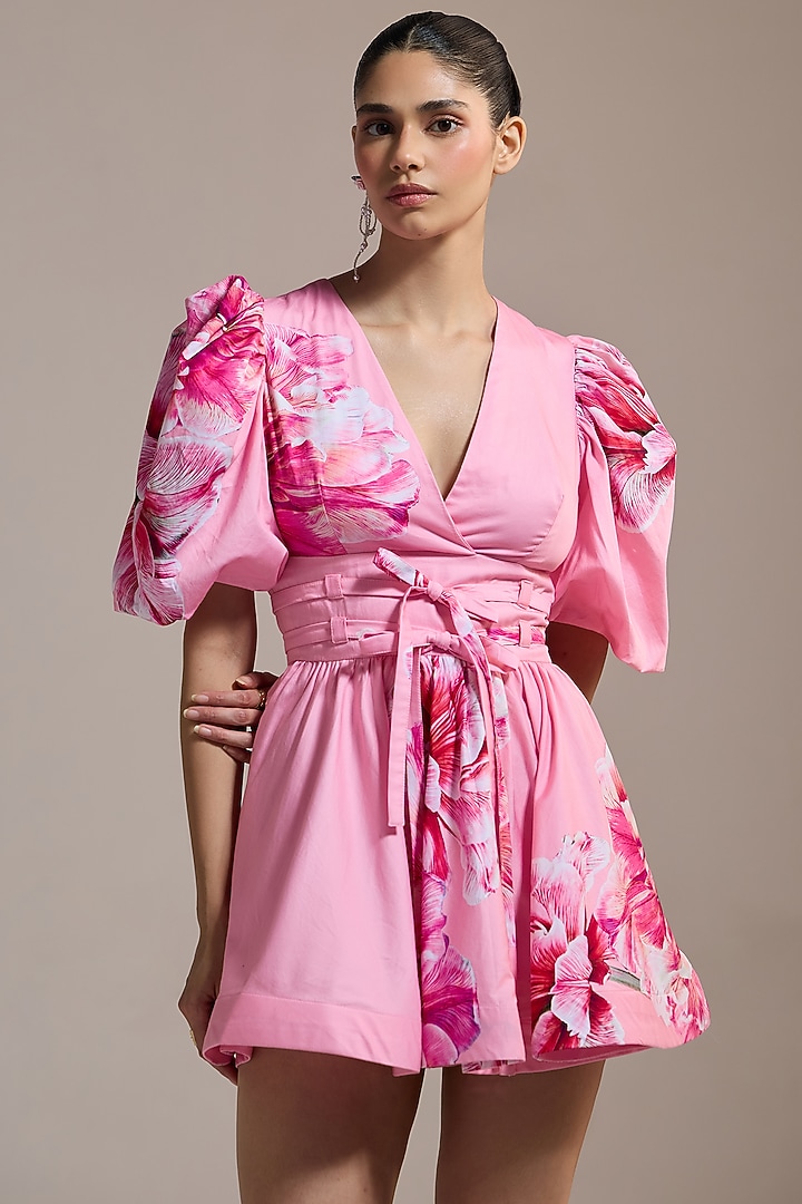 Pink Italian Cotton Satin & Satin Floral Printed Mini Wrap Vacation Dress by THE IASO at Pernia's Pop Up Shop