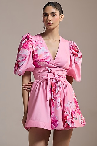 Pink Italian Cotton Satin & Satin Floral Printed Mini Wrap Dress by THE IASO