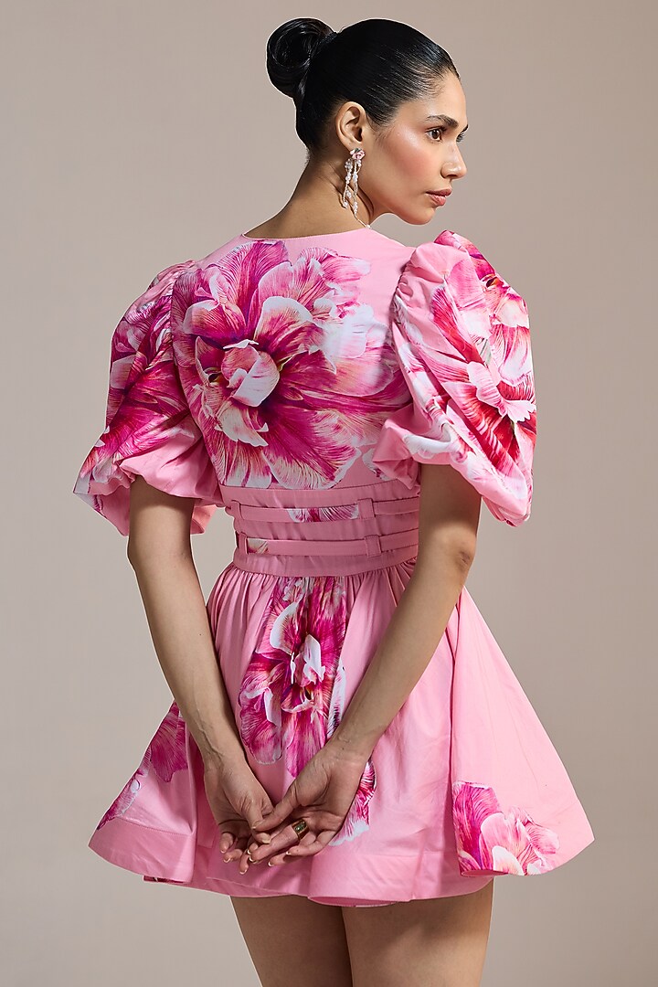 Pink Italian Cotton Satin & Satin Floral Printed Mini Wrap Vacation Dress by THE IASO at Pernia's Pop Up Shop