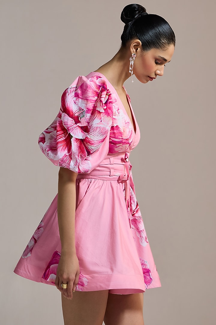 Pink Italian Cotton Satin & Satin Floral Printed Mini Wrap Vacation Dress by THE IASO at Pernia's Pop Up Shop